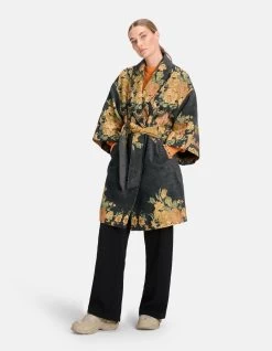 Jacquard Bloemenprint Kimono Donkergrijs
