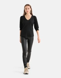 Crinkle V-hals Top Zwart