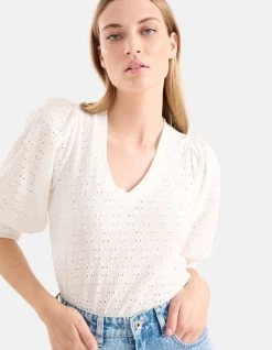 Embroidery V-hals Top Gebroken Wit -Kleding Verkoop 09 1102397 2