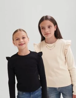 Ruffle Rib Longsleeve Top Zwart -Kleding Verkoop 12 1101407 10